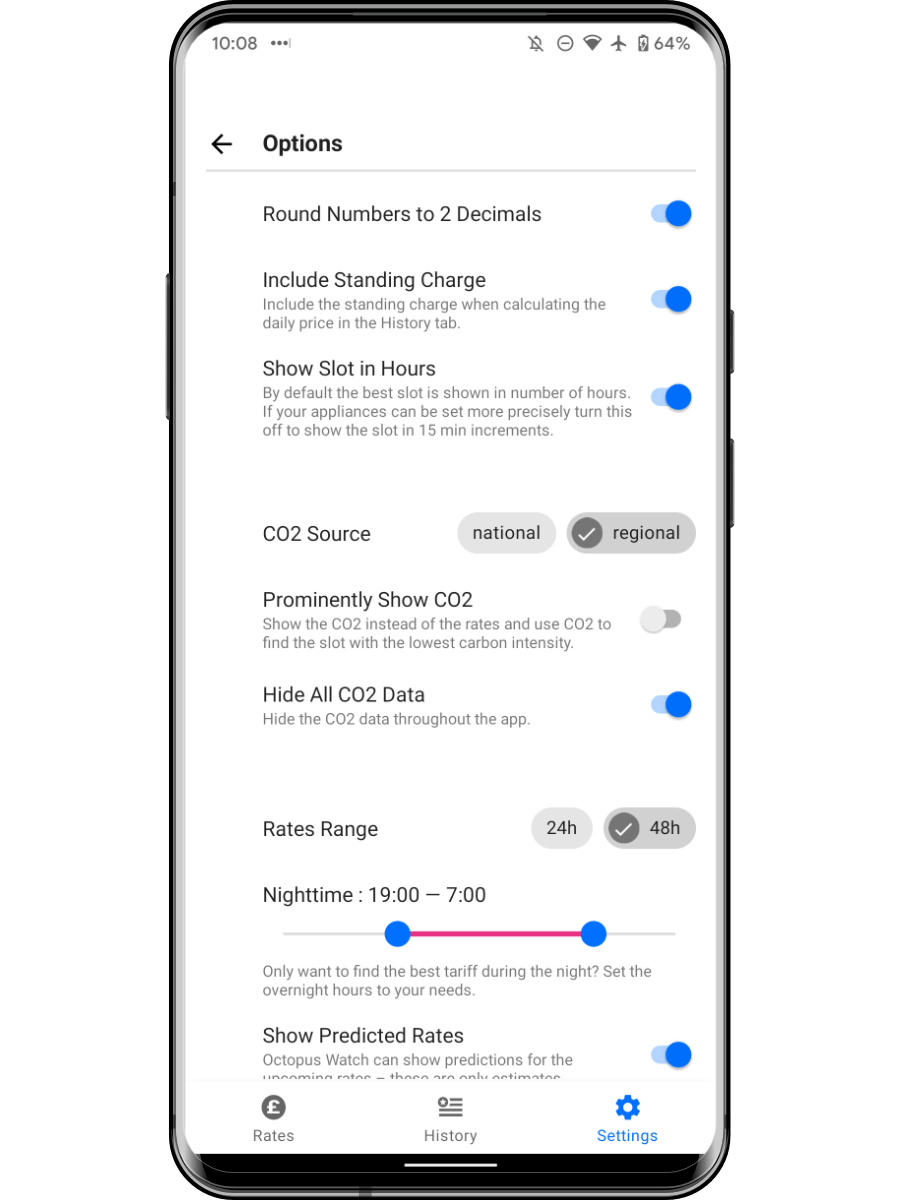 partial view of the options screen